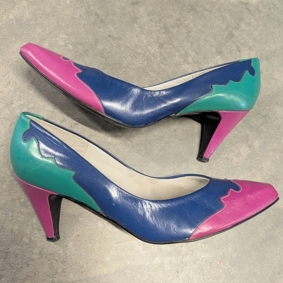 vintage COLORBLOCKED HEELS 1980's 80's 8 8.5 - Picture 2 of 7